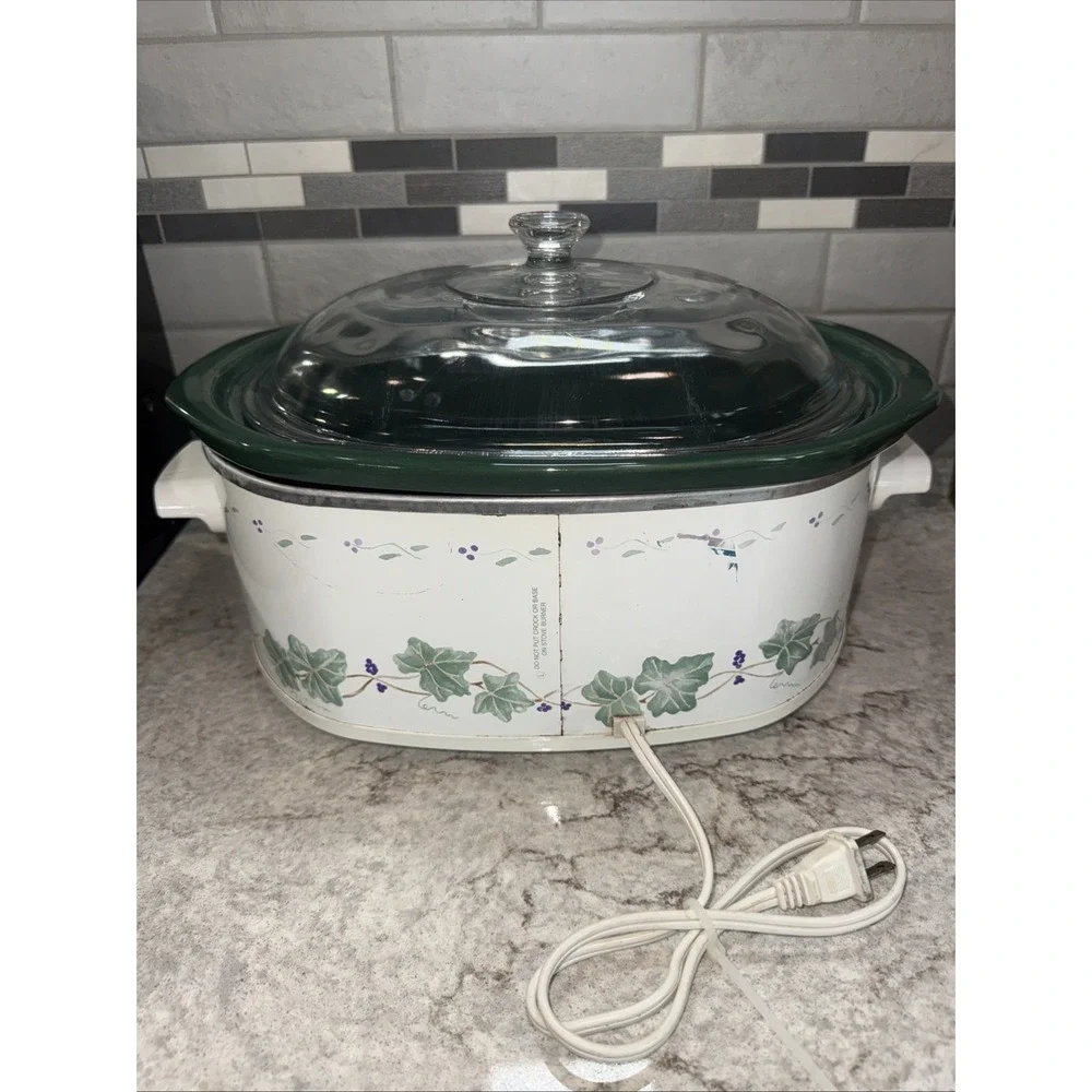 Vtg Rival Slow Cooker 3745 Oval 4.5 Qt Crock-Pot Ivy & Grapes Green White